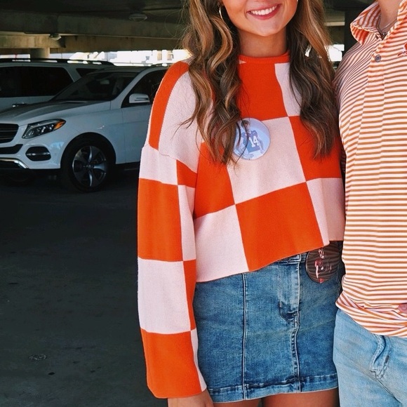 Day + Moon Sweaters - Orange and White Checkered Sweater